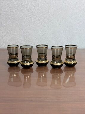 5 Vintage Bohemia Czechoslovakia Smoky Brown & Gold Accent Shot Glasses